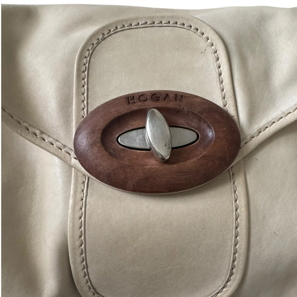 Hogan Ivory Authentic Leather Women's Bag with Wooden Accent